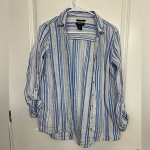 Jones New York 100% Linen Striped Button Down Shirt Blue White L